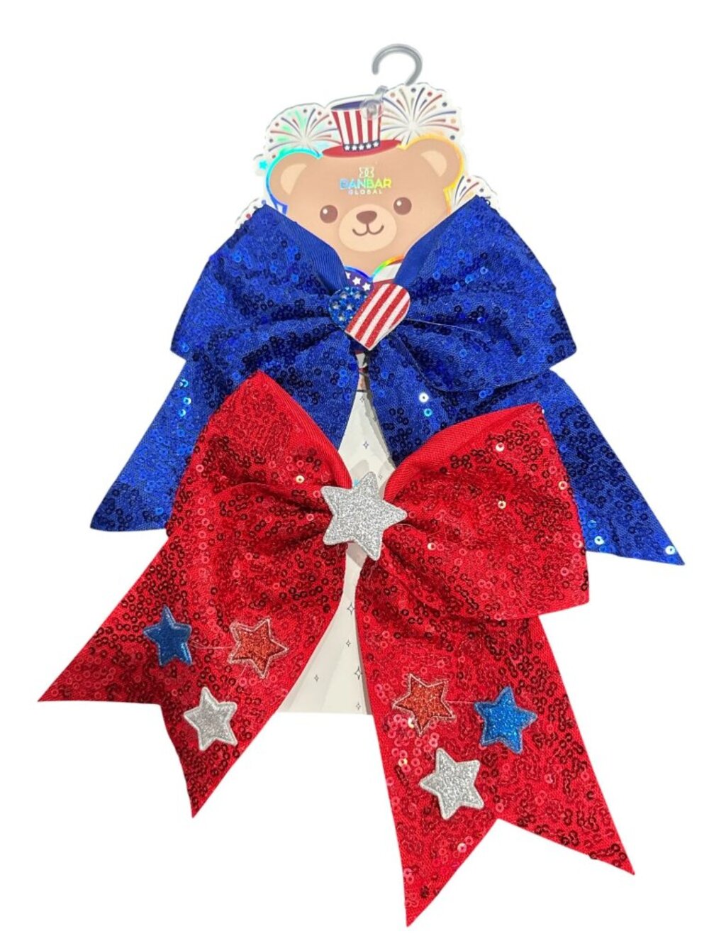 Patriotic Red & Blue Sequin Hair Bows With Glitter Stars 4th Of July Theme For G